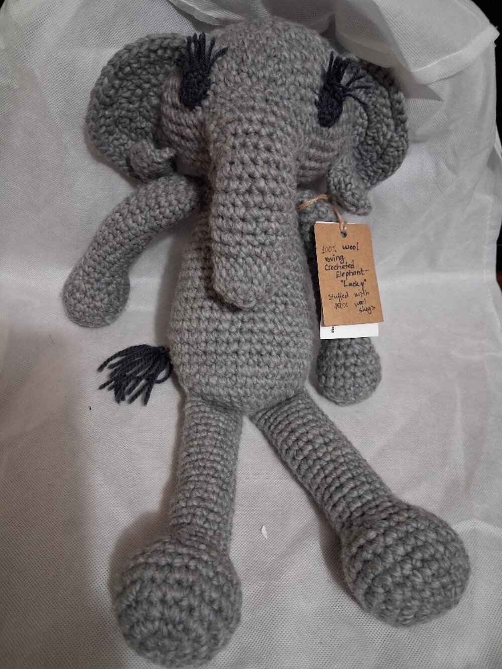 Artisan Made 100% Wool Crochet Elephant 18" "Lucky"